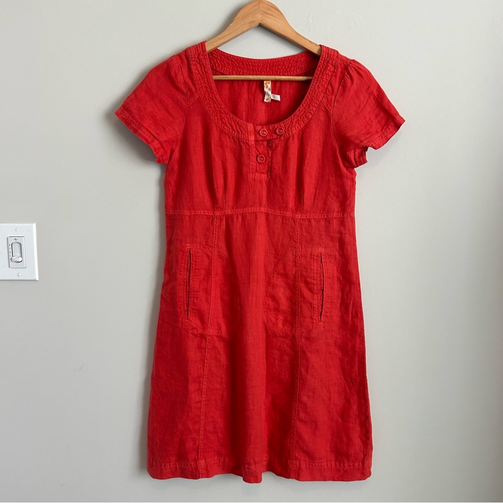 Anthropologie | Red Linen Short Sleeve Dress Size 4